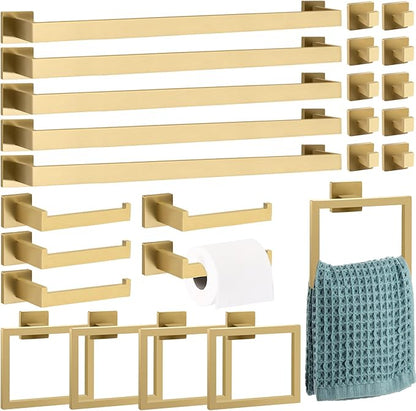Gisafai 25 Pcs Bathroom Hardware Accessories Set 23.6 Inch Bath Towel Bar Kit Stainless Steel Bathroom Hardware Set Towel Racks Ring Hooks Paper Holder for Wall Mounted (Gold)