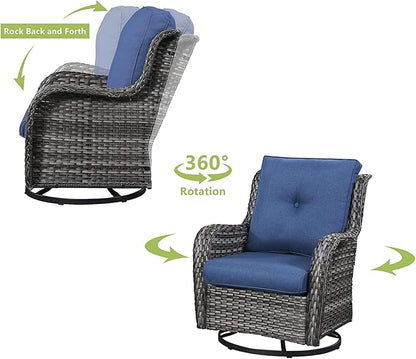 HUMMUH Patio Furniture 6 Pieces Outdoor Furniture Set Wicker Outdoor Sectional Sofa with Swivel Rocking Chairs,Patio Ottomans,Patio Coffee Table, Grey/Blue