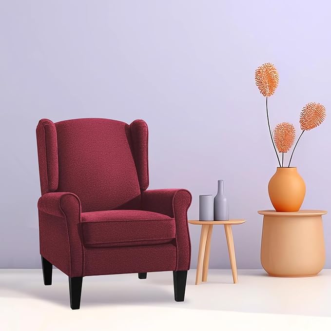 Dark Red Accent Chairs, Bedroom Burgundy Reading Chairs in Fabric, Elegant English Sidechair with Wing Back, Classic Modern Living Room Armchairs Sillas para Sala