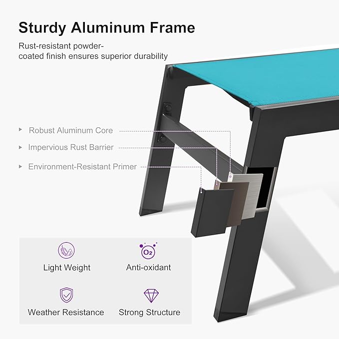 PURPLE LEAF Outdoor Oversized Lounge Chair Set of 3 Patio Chaise Pool Lounger Aluminum Frame with Side Table and Wheels for Outside Sunbathing Tanning Recliner Including Pillows Turquoise Blue
