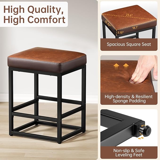 Counter Height Bar Stools Set of 3, 24" Barstools for Kitchen Countertop, Faux Leather Counter Stools with Thick Square Seats & Sturdy Metal Base, Simple Assembly, Brown