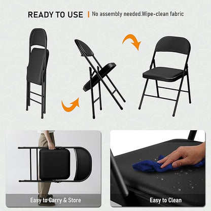 SEALAMB 10 Pack Black Folding Chairs with Padded Seats & Cushion, Durable Metal Foldable Chairs for Wedding Party, Commercial Chairs for Office School Church Events, 330lb Capacity (Black-PU, 10 Pack)