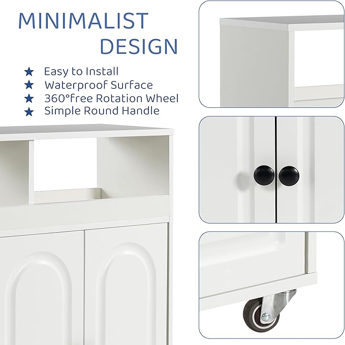 Bathroom Storage Cart with Doors，3-Door Cabinet & Divided Open Shelf，Rolling Organizer Cart for Bathroom, Toilet，White (2)