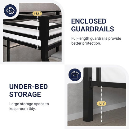 Allewie Metal Bunk Bed Twin Over Full Size for Junior & Adults with Ladder and Heavy Duty Guardrail, Small Space Saving Design for Bedroom Kid Room and Dorm, Black