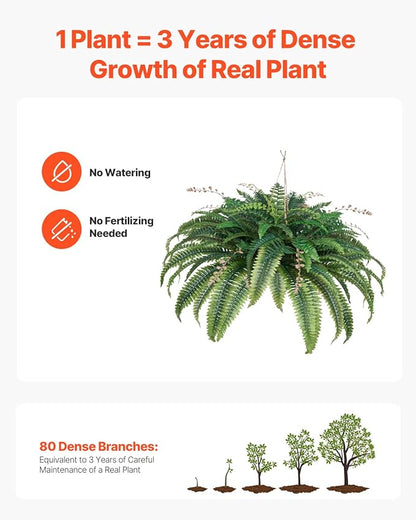 VEVOR Artificial Ferns, Natural Spread Diameter 41 Inch, Large Hanging Fake Boston Ferns, Sunlight Resistant Fake Plant Wall Decor with 80 Branches and Flowerpot, Faux Fern for Home Office Outdoor