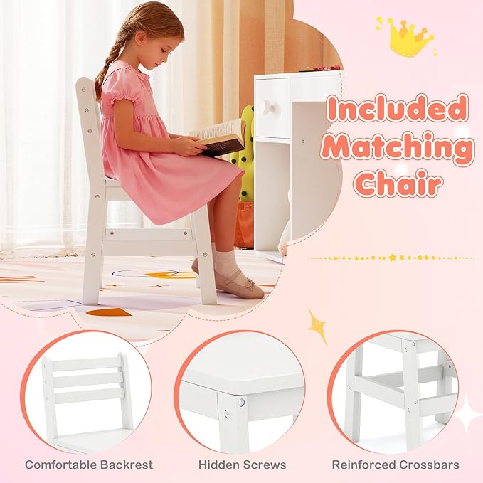 Costzon Kids Vanity, Girls Vanity Set with Lighted Mirror, Bookshelf, Drawer, Storage Cabinet & Shelves, Toddler Makeup Vanity Desk Dressing Table, Wooden Kids Vanity Table and Chair Set (White)