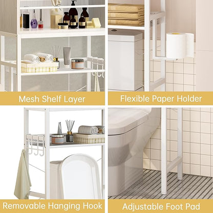 AWQM Over The Toilet Storage CabinetFreestanding Bathroom Organizer with AdjustableShelf & Paper Hook,Space-Saving Toilet Rack,White Retro Style (White, Sliding Door)