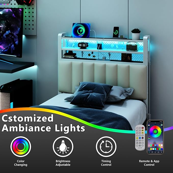 VINGLI Twin or Twin XL Size Headboard, Adjustable Upholstered Headboard with 3 Tier Shelves and Pegboard with Charging Stations and LED Lights, Modern Bed Headboard with Storage for Bedroom Decor