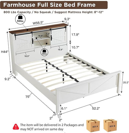 T4TREAM Farmhouse Full Size Bed Frame w/Storage Bookcase Headboard, Sliding Barn Door, Charging Station, Rustic Wood Platform Bed w/Wood Slats Support, No Box Spring Needed, Antique White