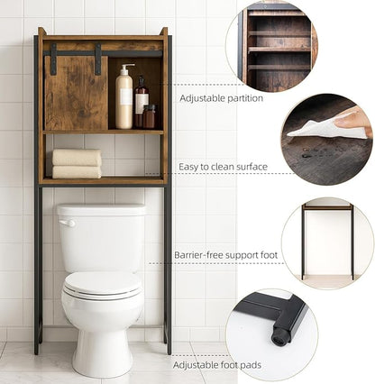 Over The Toilet Storage Cabinet, Behind Toilet Bathroom Organizer with Adjustable Shelves, Above Toilet Organizers with Barn Door, Space Saver for Restroom, Bathroom, Laundry, Rustic