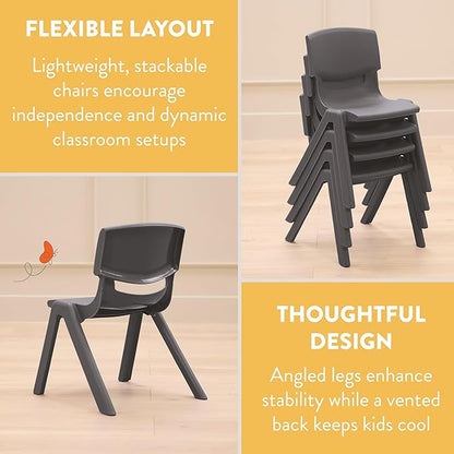 Stackable School Chairs, 12", Kids Furniture, Grey, 4-Pack