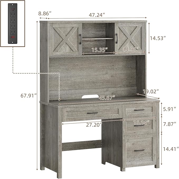 Farmhouse 67" H Executive Desk with Hutch,Office Desk with 4 Drawers and LED light, Wood Workstation for Home Office and Study, Computer Desk with Storage Cabinet,File Drawers, Charging Station.Gray