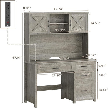 Farmhouse 67" H Executive Desk with Hutch,Office Desk with 4 Drawers and LED light, Wood Workstation for Home Office and Study, Computer Desk with Storage Cabinet,File Drawers, Charging Station.Gray