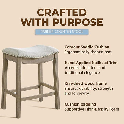 ROME + OAK Set of 3 Parker 26" Counter Stool, Backless Saddle Kitchen Barstool in Reclaimed Oak Finish with Ash Grey Fabric Upholstery Cushion Seat
