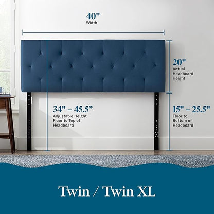 Lucid Mid-Rise Upholstered Headboard - Diamond Tufted - Padded Polyester - Adjustable Height from 34” to 46” - Easy Assembly - Bed Frame or Wall Mount - Sturdy - Cobalt - Twin / Twin XL Size