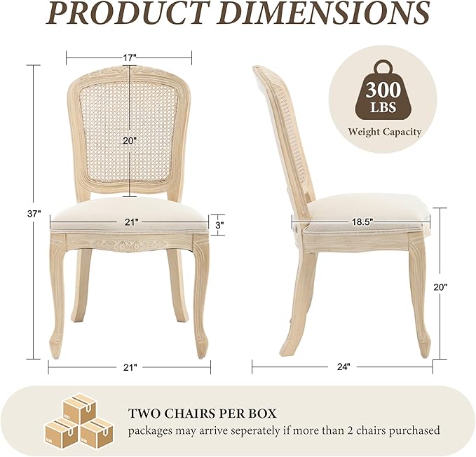 Wicker Dining Chairs Set of 2, Upholstered Linen Fabric Dining Room Chairs with Square High Rattan Back Farmhouse French Kitchen Chairs for Dining Table/Living Room/Restaurant, Cream