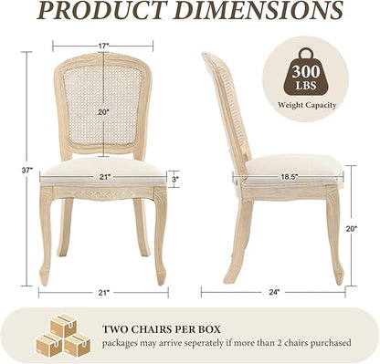 Wicker Dining Chairs Set of 2, Upholstered Linen Fabric Dining Room Chairs with Square High Rattan Back Farmhouse French Kitchen Chairs for Dining Table/Living Room/Restaurant, Cream