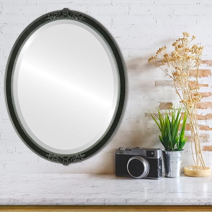 OVALCREST Oval Beveled Wall Mirror for Home Decor - Athena Style - Black Silver - 26" x 22" Outside Dimensions