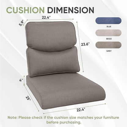 Outdoor Chair Cushion Set, 25 x 22 Deep Seat Cushion, Patio Chair Cushions for Outdoor, Include 1 Seat Cushion and 1 Back Cushion, Gray