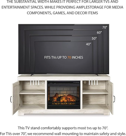Signature Design by Ashley Bellaby Farmhouse 63" TV Stand with Electric Fireplace for TVs up to 72", Whitewash