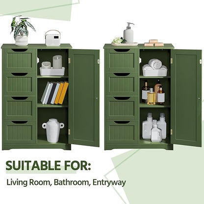 Yaheetech Wooden Bathroom Floor Cabinet, Side Storage Organizer Cabinet with 4 Drawers and 1 Cupboard, Freestanding Entryway Storage Unit Console Table, Bathroom Furniture Home Decor, Green