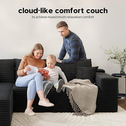 107.5" Cloud Modular Sectional Sofa with 1 Ottoman,Modern Minimalist Upholstered Couches, Comfort U Shaped Sofa for Living Room,Deep Seat Corner Couch，No Assembly Required (Black,Right Facing Chaise)