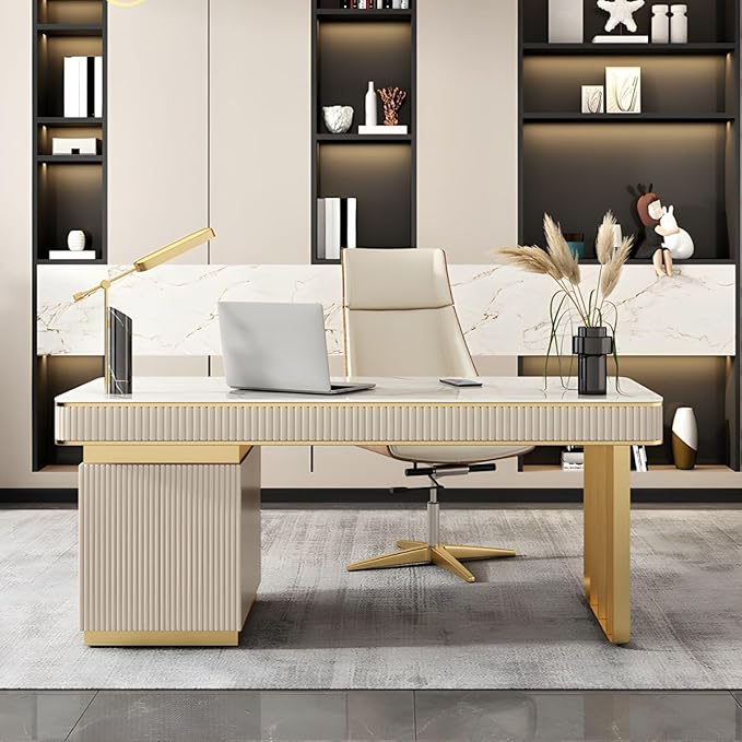 RUNNUP Stone top Computer Desk with 5 Drawers, Rectangular Home Computer Desk Writing Desk, Modern Executive Desk, Without Chairs, Khaki, 47.5" L x 23.5" W x 29.5" H