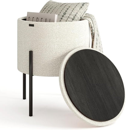 STORAGEBUD Round Ottoman with Storage, Boucle Storage Foot Stool, Makeup Vanity Stool, Small Ottoman Foot Rest, Modern Ottomans for Living Room and Bedroom, White