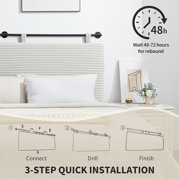 UEV Queen Headboard Only, Wall Mounted Hanging Upholstered Bed Head Board, Modern Vertical Channel Design of Fine Flannel, Elegant Beige Fluted Headboard for Bedroom (Beige, Queen Size)