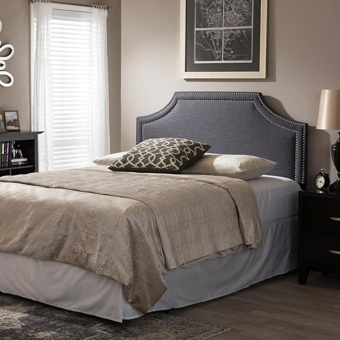 Urban Upmarket Modern and Contemporary Fabric Upholstered Headboard, Nailded Trim Head Board Grey/Queen