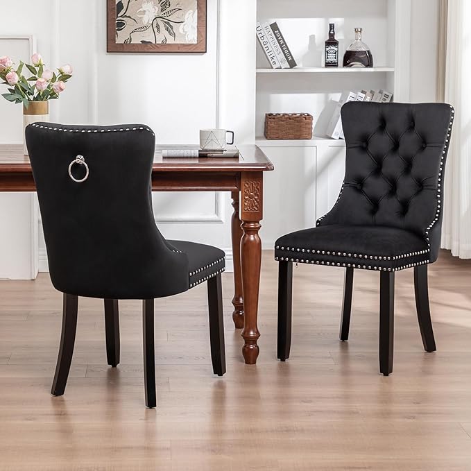 Velvet Dining Chairs Set of 6, Tufted Dining Room Chairs with Nailhead Ring Pull Trim, Upholstered Dining Chairs with Solid Wood Legs for Kitchen Dining Room, Sillas De Comedor (Black)