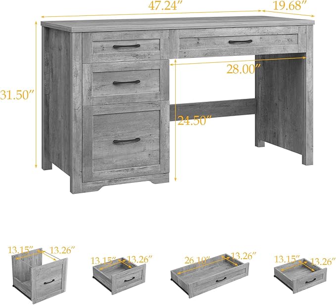 Vabches Farmhouse 47" Executive Desk with File Drawer, Wood Computer Desk with 3 Storage Drawers, Workstation for Home Office, Study, Writing(Grey)