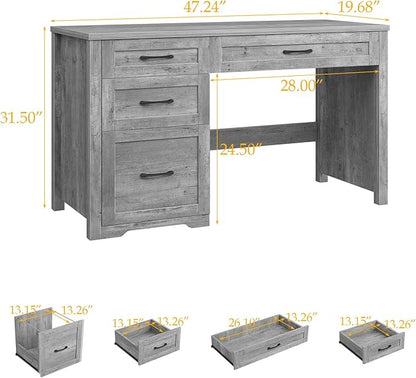 Vabches Farmhouse 47" Executive Desk with File Drawer, Wood Computer Desk with 3 Storage Drawers, Workstation for Home Office, Study, Writing(Grey)