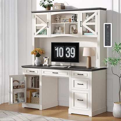 ONBRILL 72" H Farmhouse Executive Desk with Hutch, Office Desk, Computer Desks with Charging Station, Computer Workstations with 5 Drawers and Storage Cabinet for Home, Office, Off White & Black