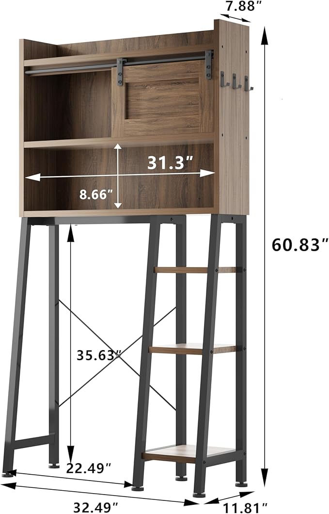 MU Over The Toilet Storage Cabinet with Sliding Door, 32.5" W Free Standing Toilet Shelf Space Saver with 3 Side Hooks & Anti-Tip Design, Space-Saving Toilet Rack for Bathroom, Laundry, Brown