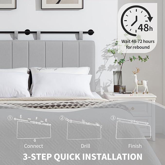UEV Queen Headboard Only, Wall Mounted Hanging Upholstered Bed Head Board, Modern Vertical Channel Design of Fine Linen, Elegant Grey Fluted Headboard for Bedroom (Grey, Queen Size)