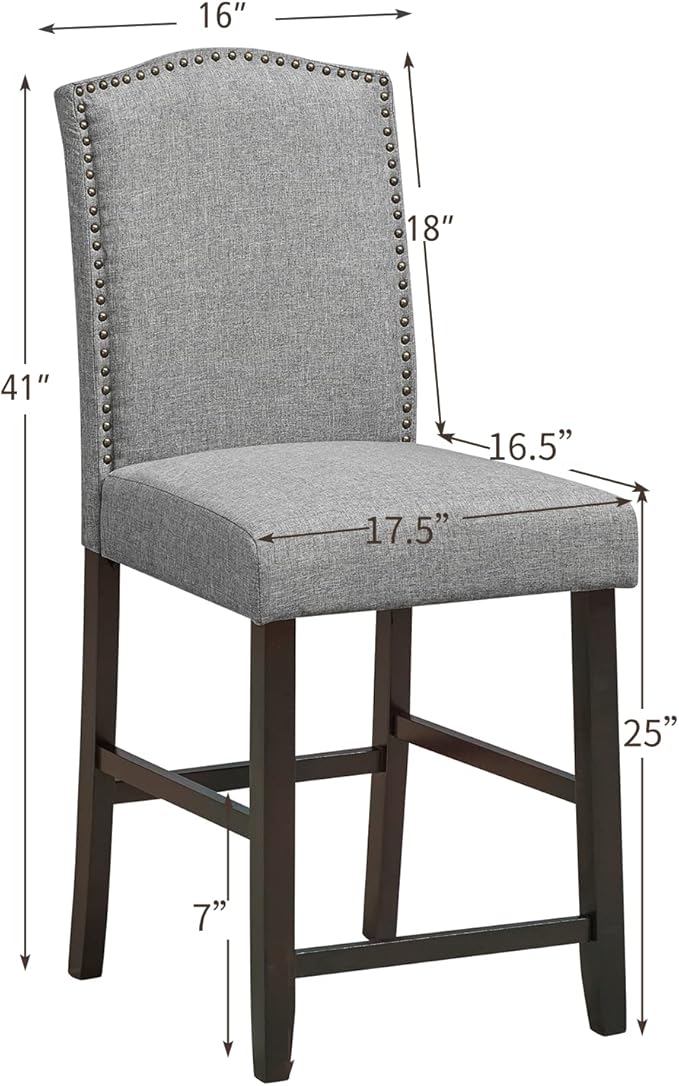 COSTWAY Bar Stools Set of 4, 25'' Upholstered Counter Height Bar Stools with S-Shaped Spring Thick Cushion, Rubber Wood Legs, High Back Leisure Chairs for Living, Kitchen, Dining Room (Grey, 4)