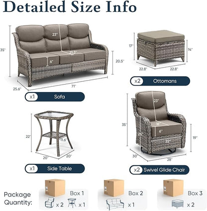 Belord Luxury 6" Thick Cushioned 6 Pieces Patio Furniture Set with Outdoor Couch, Wicker Outdoor Conversation Set with High Back Swivel Rocker Chairs for Deck Porch Yard and Poolside - Grey+Grey