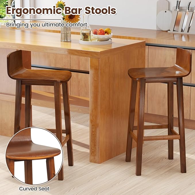 COSTWAY Solid Wood Bar Stools Set of 2, 29-inch Counter Height Chairs with Low Back and Footrest, Farmhouse Wooden Armless Barstools for Kitchen Island, Dining Room, Cafe, Breakfast, Brown