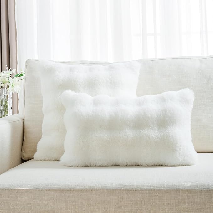 FUTEI Cream White Decorative Throw Pillow Covers 20x20 Inch Set of 2,Soft Fuzzy Faux Rabbit Fur Cushion Covers with Raised Texture,Neutral Boho Home Decor for Couch Bed Living Room