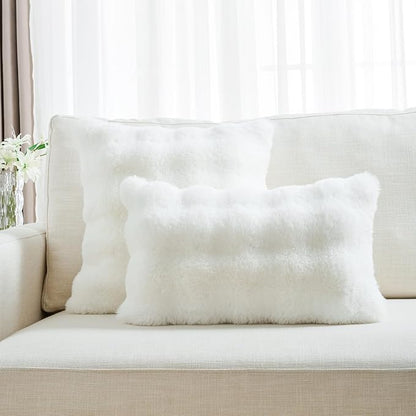 FUTEI Cream White Decorative Throw Pillow Covers 22x22 Inch Set of 2,Soft Fuzzy Faux Rabbit Fur Cushion Covers with Raised Texture,Neutral Boho Home Decor for Couch Bed Living Room
