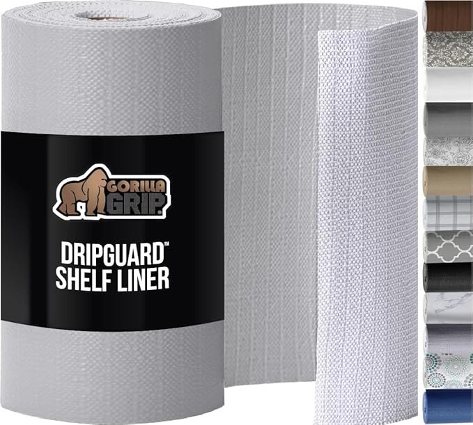 GORILLA GRIP DripGuard Shelf Liner, Non Adhesive Drawer and Kitchen Cabinet Protector, Slip Resistant BPA Free Smooth Surface Plastic Liners for Cabinets, Bathrooms, Closets, 17.5x240 Inch, Light Gray