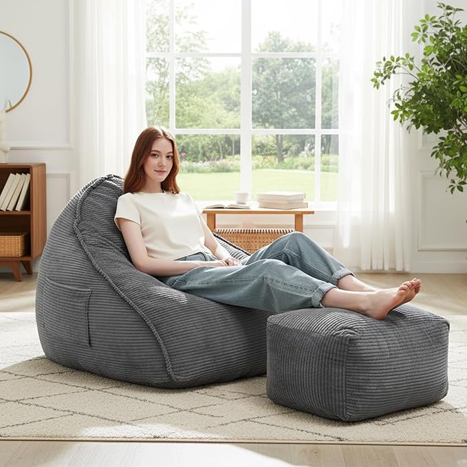 Cloud Bean Bag Chair with Ottoman for Adults, Comfy Corduroy Chaise Lounge Chair with High-Resilience Foam, Oversized Boneless Reading Chair for Bedroom & Living Room