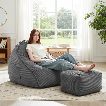 Cloud Bean Bag Chair with Ottoman for Adults, Comfy Corduroy Chaise Lounge Chair with High-Resilience Foam, Oversized Boneless Reading Chair for Bedroom & Living Room