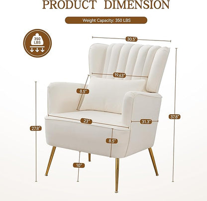 Fabric Accent Living Room Arm Chair with Pillow & Golden Legs, 8.5" Thick Cushion, Mid Century Modern Wingback Chairs Upholstered Comfy Sofa Armchair for Reading Room/Bedroom, White