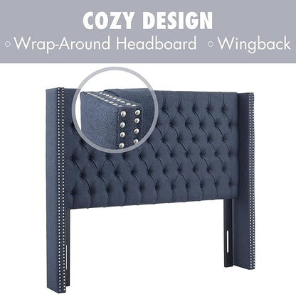 Madison Park Queen Button Tufted Headboard, Adjustable Upholstered Transitional Wingback Headboard, Nailhead Trim, Wooden Frame, Black Metal Legs, Flush Flat Back, Vintage Bedroom Décor Amelia - Navy
