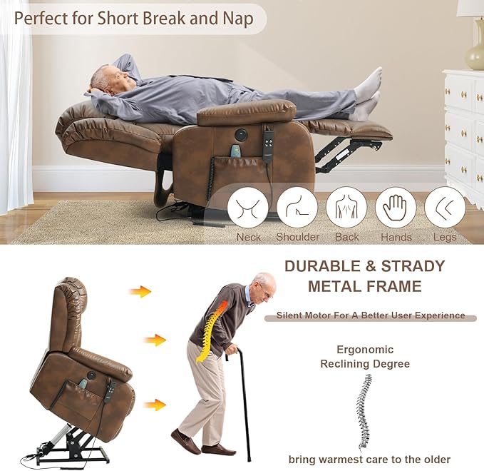 Dual Motor Large Power Lift Recliner Chair for Elderly with Heat and Massage,Lay Flat Lift Chairs Recliners for Seniors Infinite Position,USB Ports&Remote, Leather(Ochre, Medium)