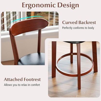 COSTWAY Bar Stool Set of 4, 23.5'' Counter Height Barstools w/Curved Backrest, Faux Leather Cushion & Rubber Wood Frame, Mid Century Modern Island Chairs for Kitchen Bar Cafe, Walnut