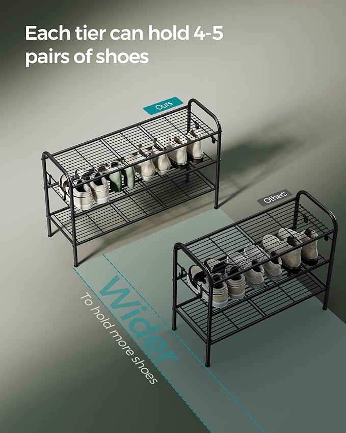 SONGMICS Shoe Rack, 3-Tier Shoe Organizer, Metal Shoe Shelf Storage with 4 Side Hooks, Holds 15 Pairs of Shoes, Height-Adjustable Shoe Rack for Entryway, Hallway, Closet, Easy Assembly, Ink Black