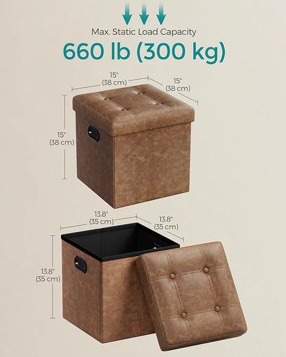 SONGMICS Mazie Collection - 15 Inches Ottoman with Storage, Footstool, Storage Ottoman with Metal Handles, Load 660 lb, for Dorm, Living Room, Bedroom, Synthetic Leather, Coffee Brown ULSF030K01